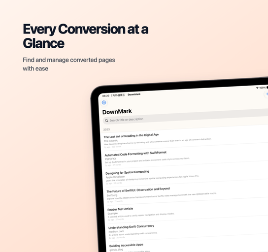 Every Conversion at a Glance — DownMark for iOS showing converted pages in the article library