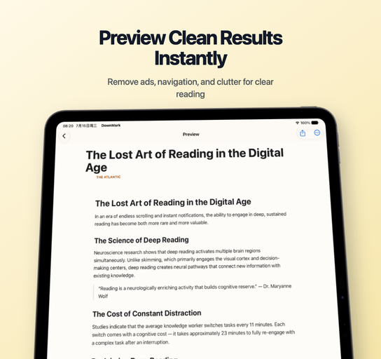 Preview Clean Results Instantly — DownMark for iOS previewing a clean converted article