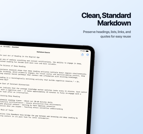 Clean, Standard Markdown — DownMark for iOS displaying reusable Markdown source