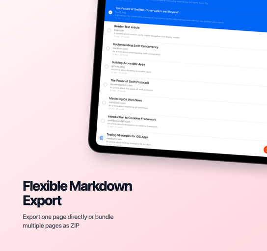 Flexible Markdown Export — DownMark for iOS selecting multiple articles for export