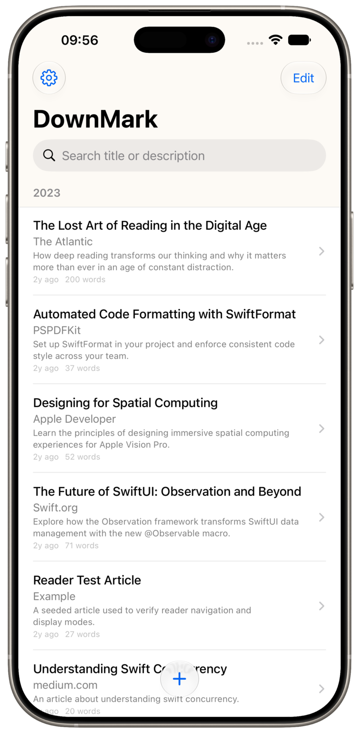 DownMark article library on iPhone