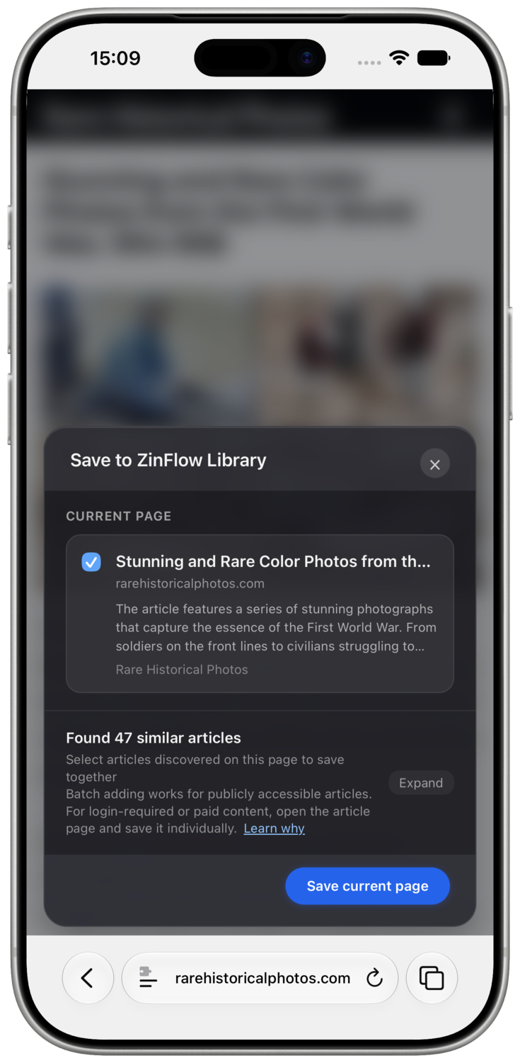 ZinFlow showing the current page and discovered similar articles in Safari on iPhone