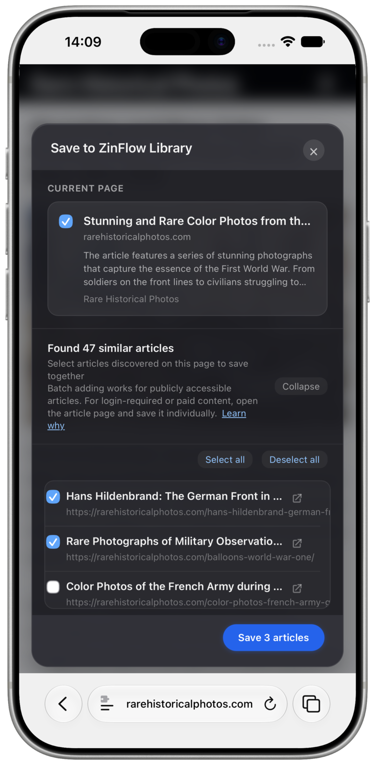 Several related articles selected in the expanded ZinFlow batch-save list on iPhone